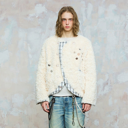 Tweed Plaid Lining Patchwork Fleece Decorated Button Jacket WN17839