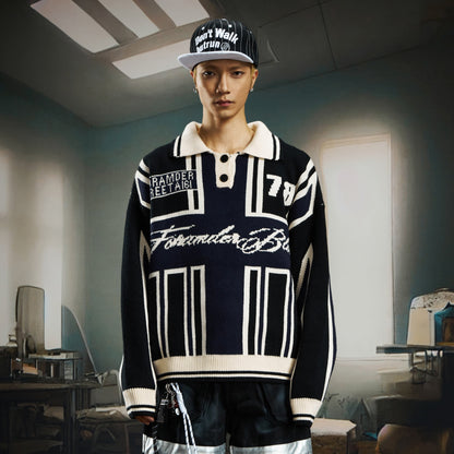 Contrast Jersey Style Oversize Sporty Knit Sweater WN22746