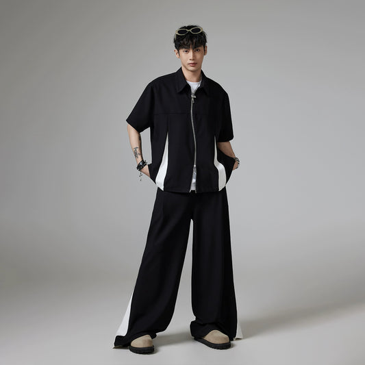 Black And White Stripe Oversize Short Sleeve Shirt & Wide-Leg Pants Setup WN13292