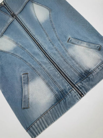 Faded Panel Stand Neck Denim Jacket WN28058