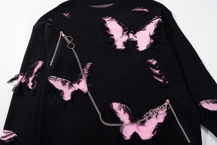 Asymmetric Butterfly Jacquard Chain Detail Knit Sweater WN11513