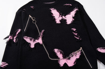 Asymmetric Butterfly Jacquard Chain Detail Knit Sweater WN11513