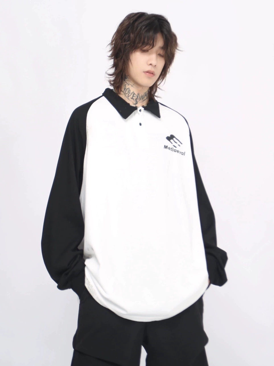 Contrasting Color Raglan Sleeve Polo Long Sleeve T-shirt WN8406