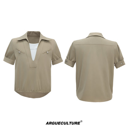 Fake Layered Workwear Elastic Hem Short Sleeve Shirt WN26992