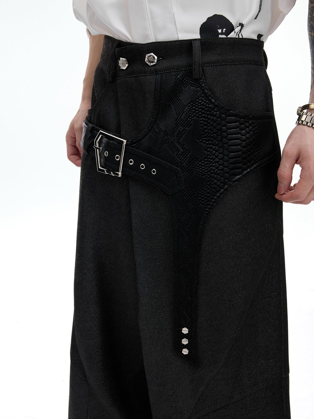 Crocodile Pattern Belted Wide Leg Straight Trousers WN20523