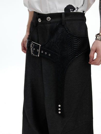 Crocodile Pattern Belted Wide Leg Straight Trousers WN20523