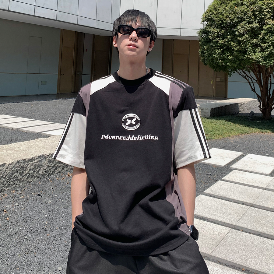 Patchwork Contrast Detachable Shoulder-pad Oversize Short Sleeve T-Shirt WN25268