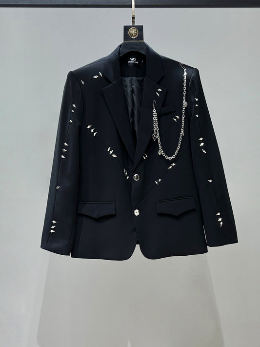 Metal Studded Chain Tailored Jacket & Wide Leg Flare Trousers Setup WN23963