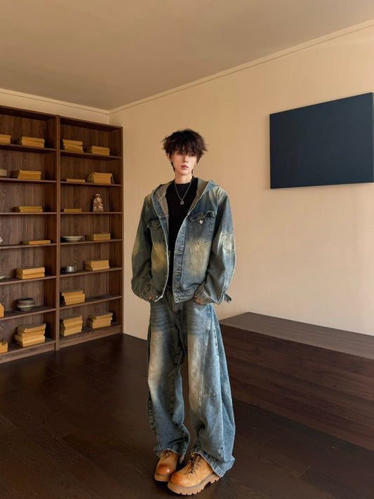Washed Deconstructed Hooded Jacket & Curved Denim Jeans Setup WN23149