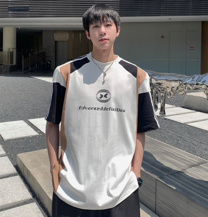 Patchwork Contrast Detachable Shoulder-pad Oversize Short Sleeve T-Shirt WN25268