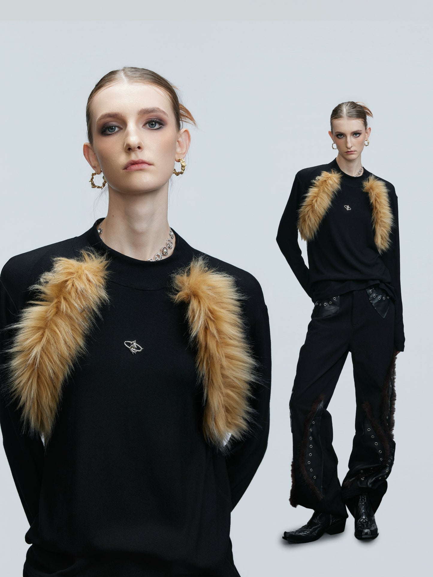 Fake Fur Panel Knit Sweater WN21738