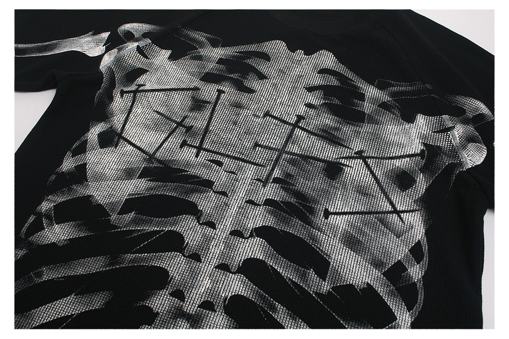 Waffle Skeleton Print Raglan Short Sleeve T-Shirt WN26417