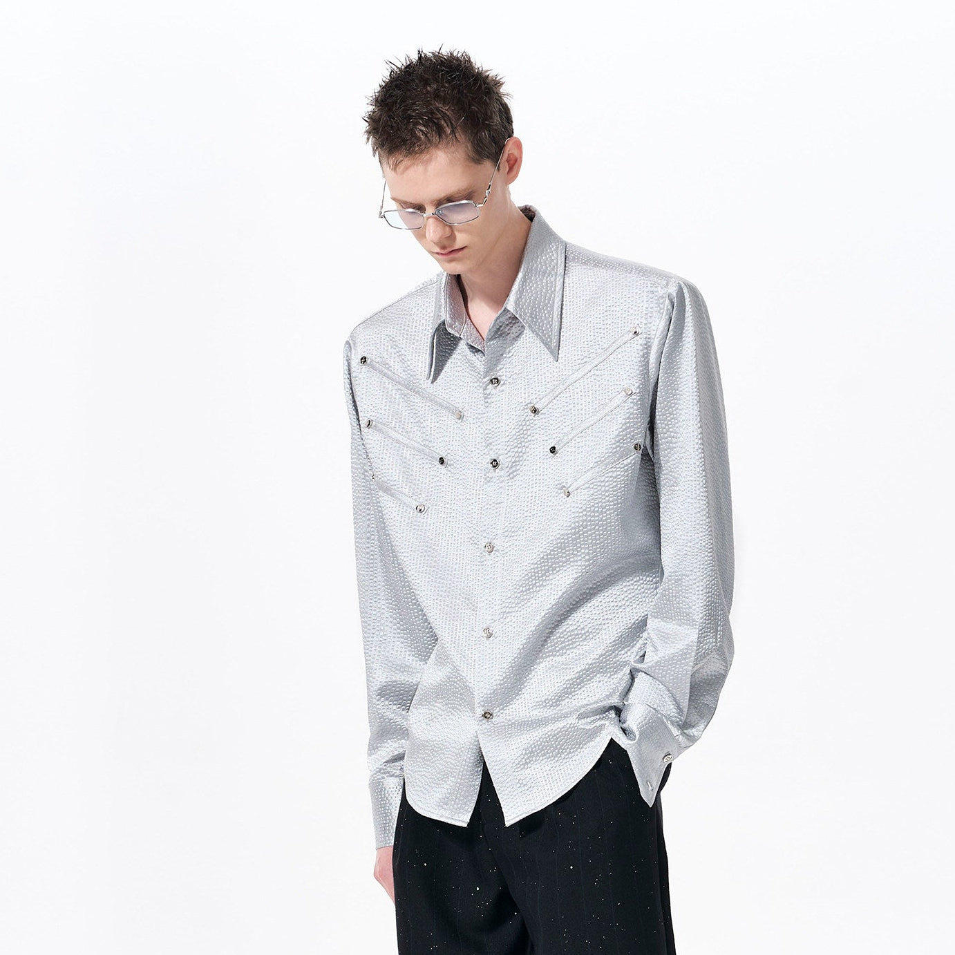 Texture Fishbone Shoulder-Pad Wrinkle-Resistant Long Sleeve Shirt WN23275