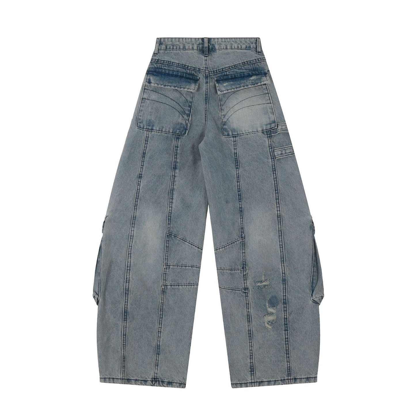 Washed Curved Multi Pocket Wide Leg Cargo Denim Jeans WN25736