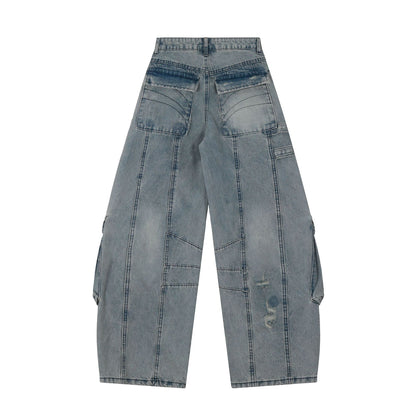 Washed Curved Multi Pocket Wide Leg Cargo Denim Jeans WN25736