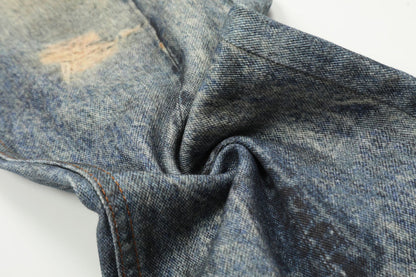 Dirty Dye Print Washed Straight Leg Denim Jeans WN16118