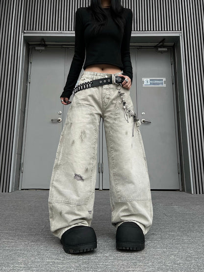 Damage Wash Pocket Wide Leg Cargo Denim Jeans WN24181
