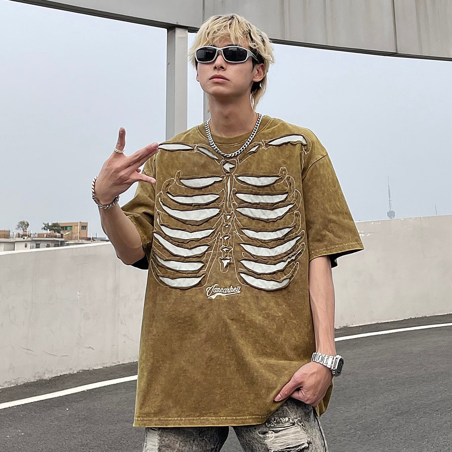 Skeleton Print Washed Oversize Short Sleeve T-Shirt WN24282