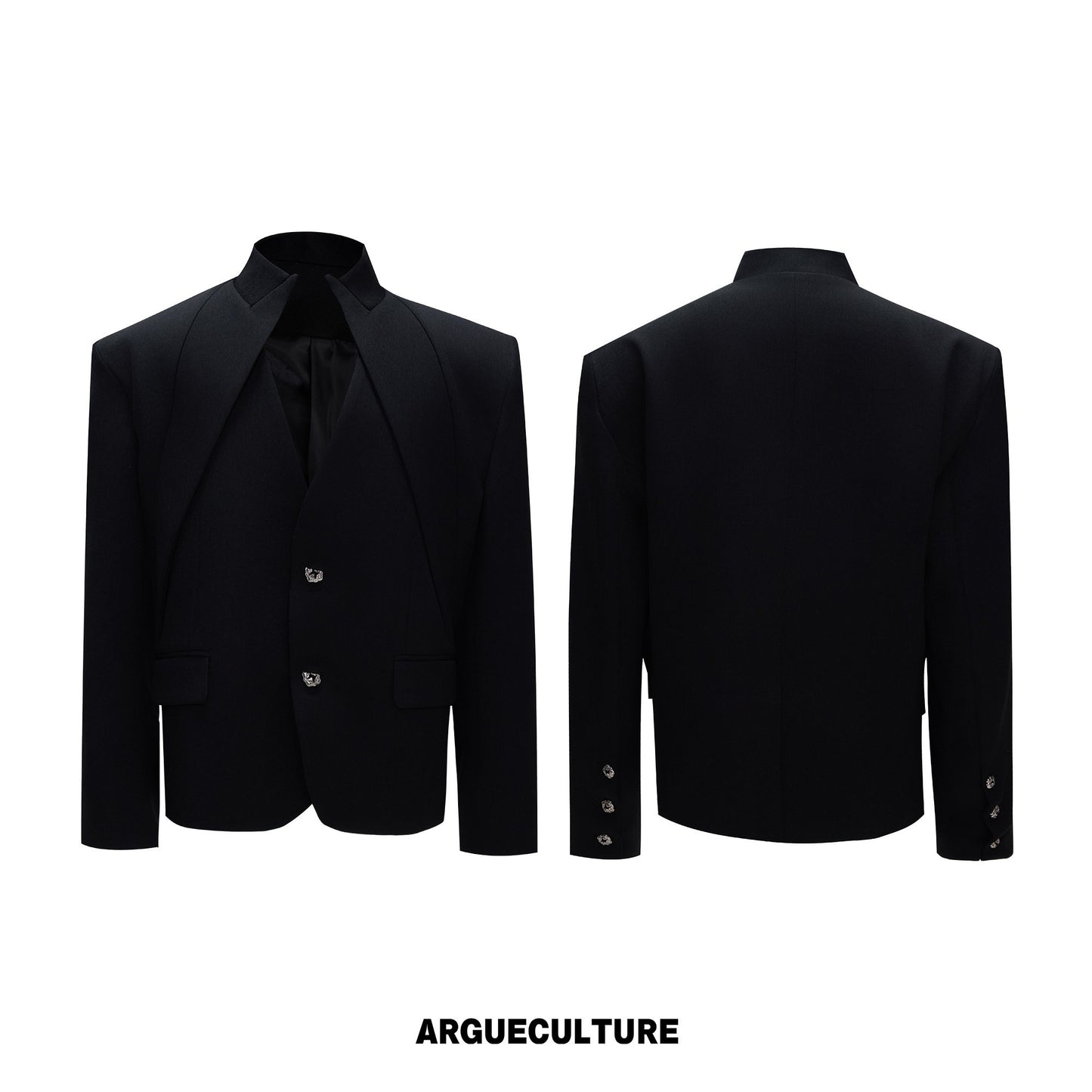 Fake Layered Stand and V-Neck Shoulder Pad Tailored Jacket & Wide Leg Trousers Setup WN26972