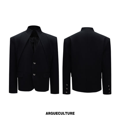 Fake Layered Stand and V-Neck Shoulder Pad Tailored Jacket & Wide Leg Trousers Setup WN26972