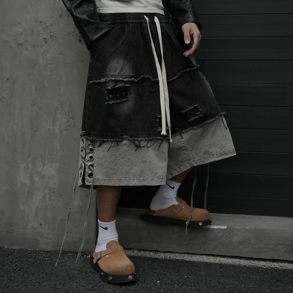 Layered Damage Drawstring Denim Half Jeans WN27988