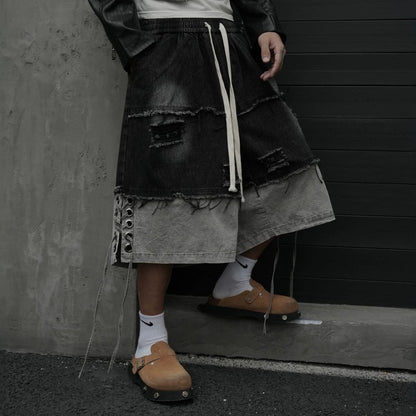Layered Damage Drawstring Denim Half Jeans WN27988