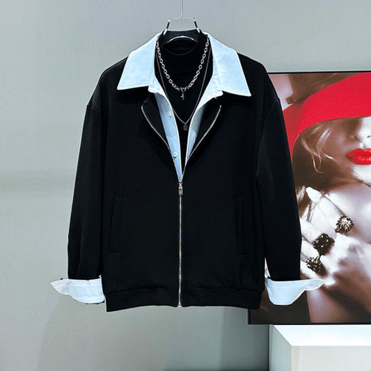 Heavyweight Fake Layered Patchwork Jacket & Wide-Leg Sweatpants Setup WN23959