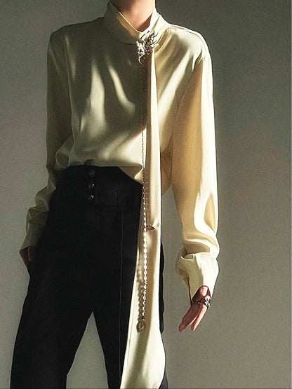 Standing-Collar Tie Drape Long Sleeve Shirt WN23136