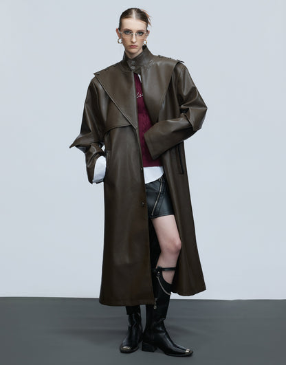 Standing-Collar Belted PU Leather Long Coat WN21748
