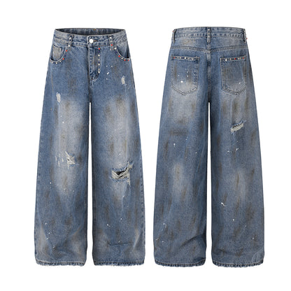 Washed Paint Damage Wide Leg Denim Jeans WN25394