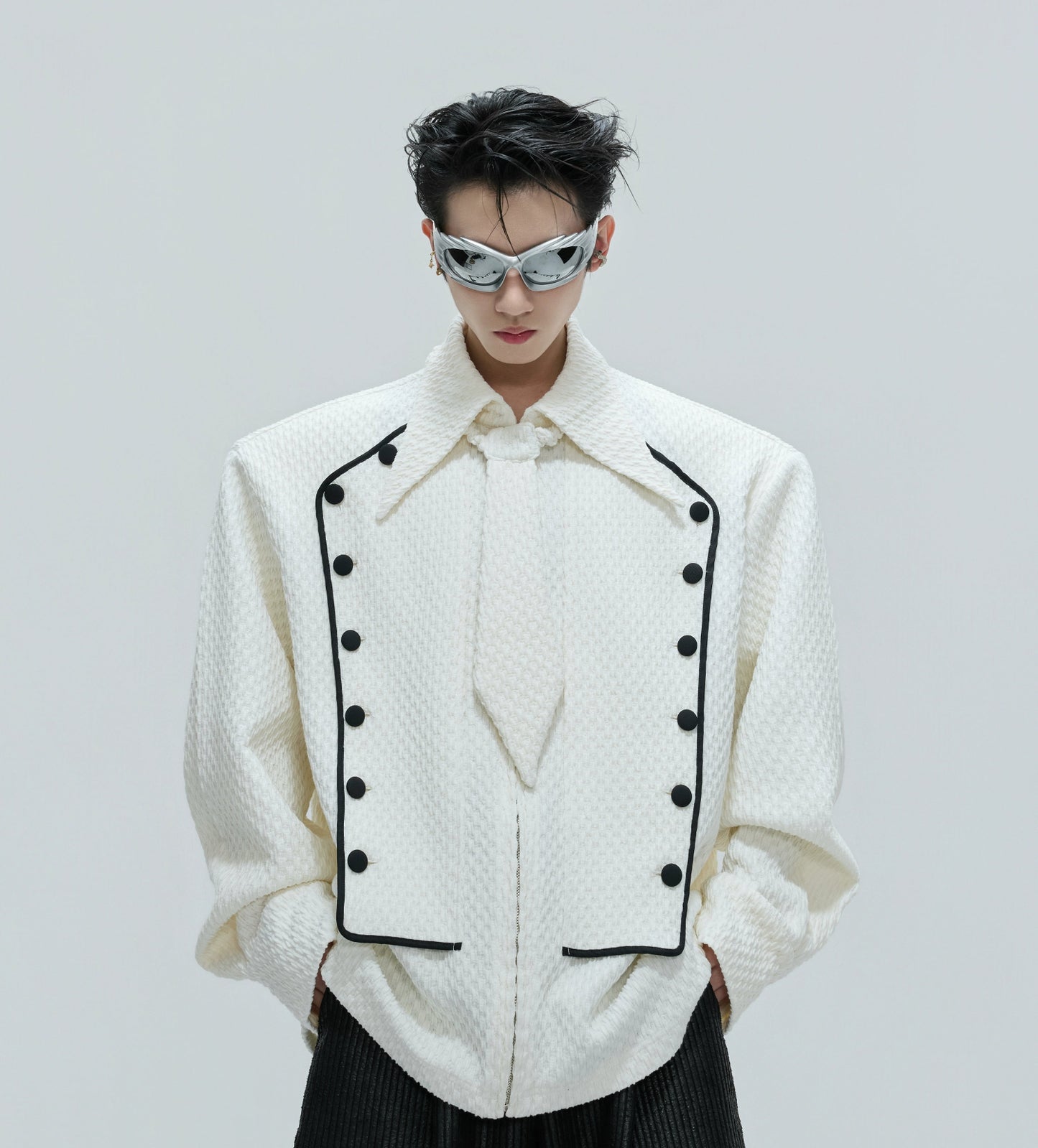 Double-Breasted Textured Tie Design Shirt Jacket WN21740