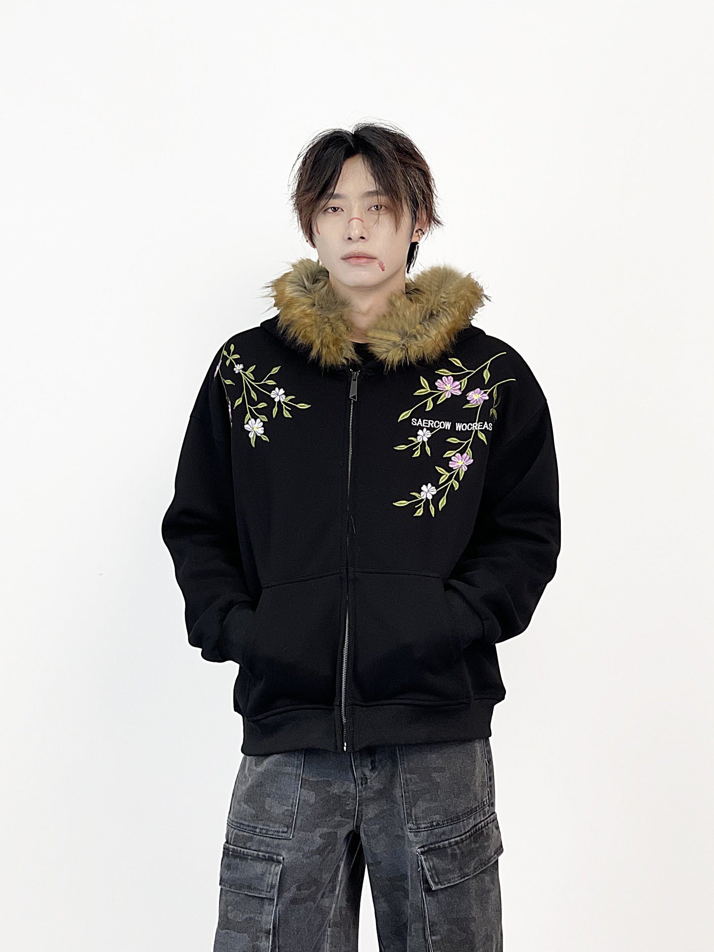 Fake Fur Collar Floral Embroidery Hoodie WN24287