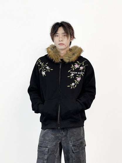 Fake Fur Collar Floral Embroidery Hoodie WN24287