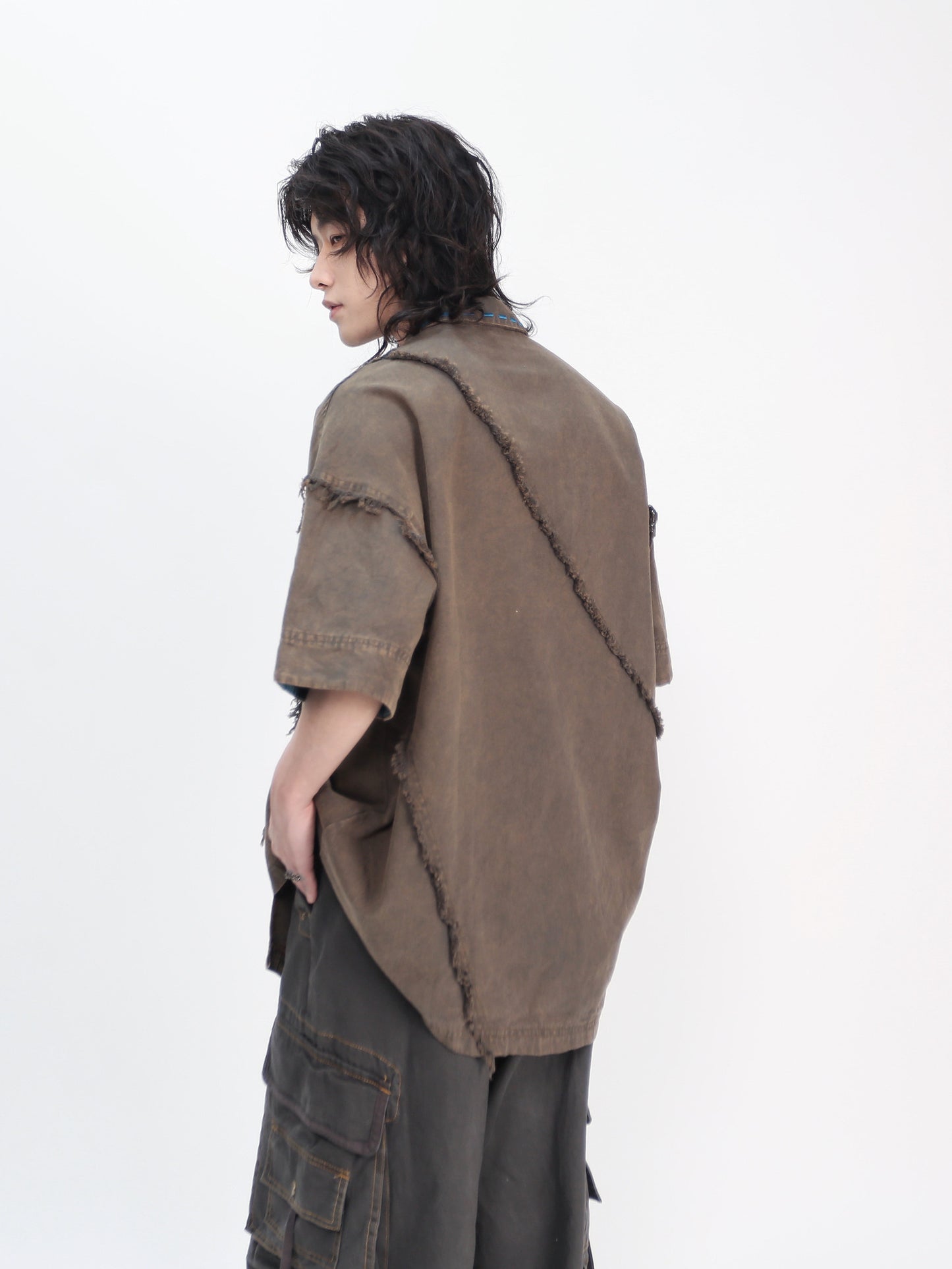 Washed Patchwork Damage Oversize Short Sleeve Shirt WN24432