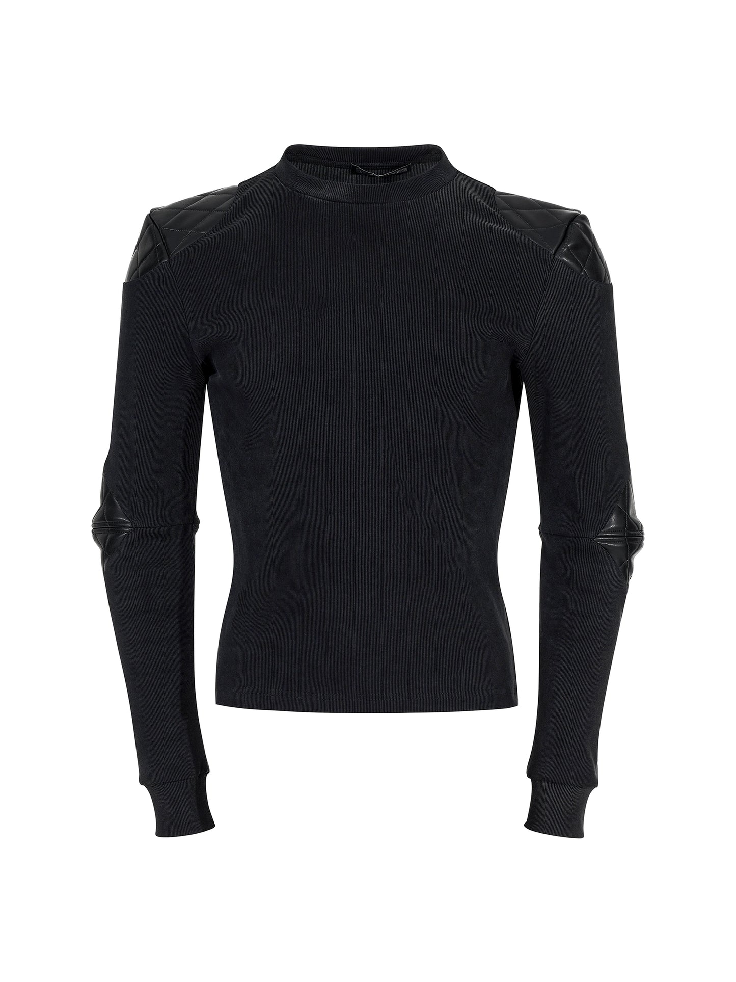 PU Leather Patch Washed Slim Long Sleeve T-Shirt WN22128