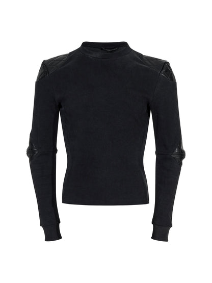 PU Leather Patch Washed Slim Long Sleeve T-Shirt WN22128