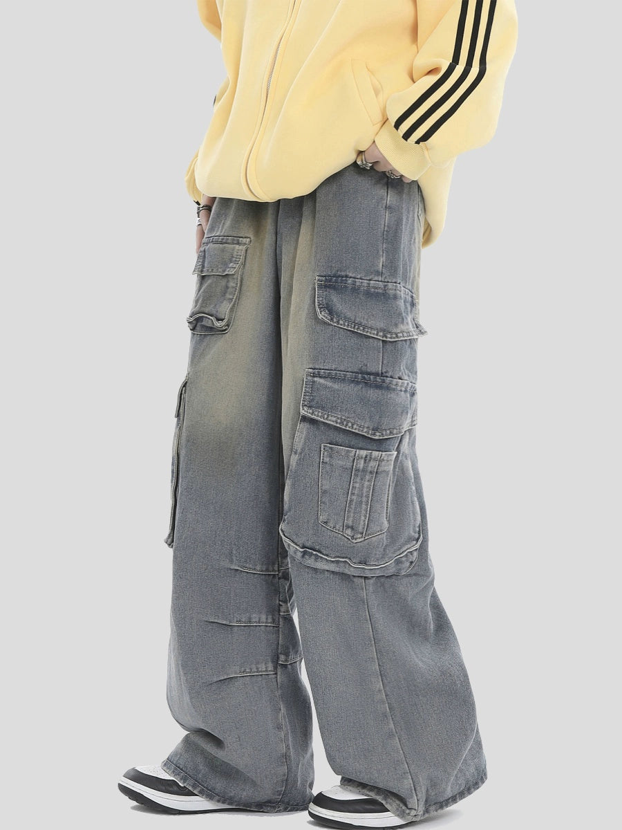 Multi Pocket Wide-Leg Straight Cargo Denim Jeans WN7229