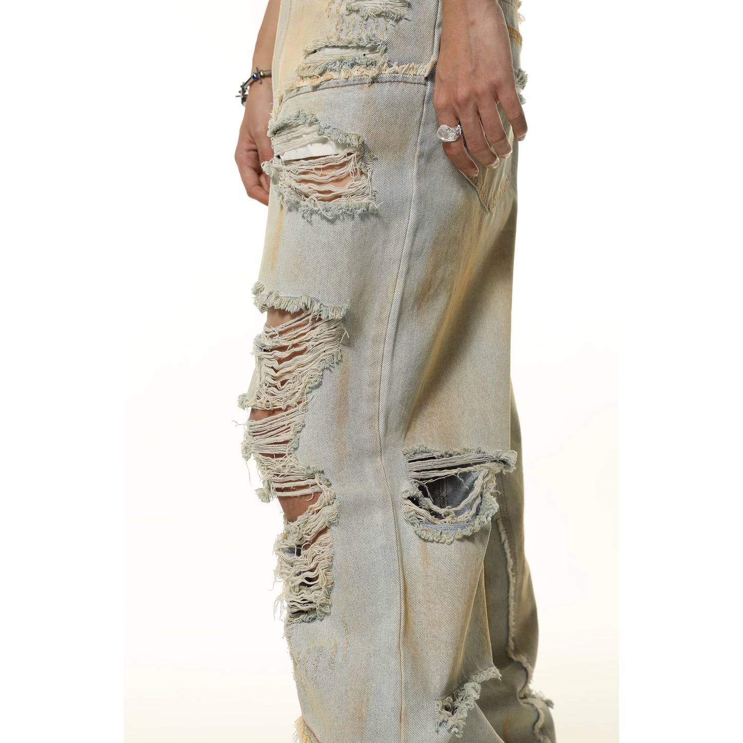 Washed Damage Wide-Leg Straight Denim Jeans WN7102