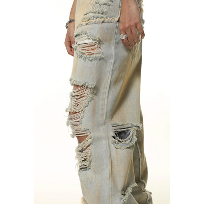 Washed Damage Wide-Leg Straight Denim Jeans WN7102