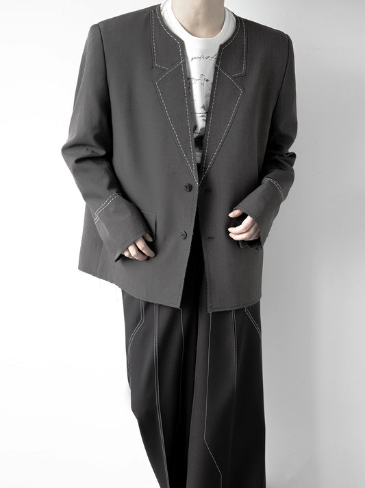 Stitching Collarless Oversize Tailored Jacket WN11835