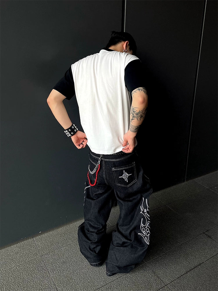 Graphic Art Embroidery Wide Leg Denim Jeans WN18804