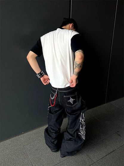 Graphic Art Embroidery Wide Leg Denim Jeans WN18804