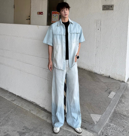 Gradient Wash Short Sleeve Denim Shirt & Wide Leg Denim Jeans Setup WN25338