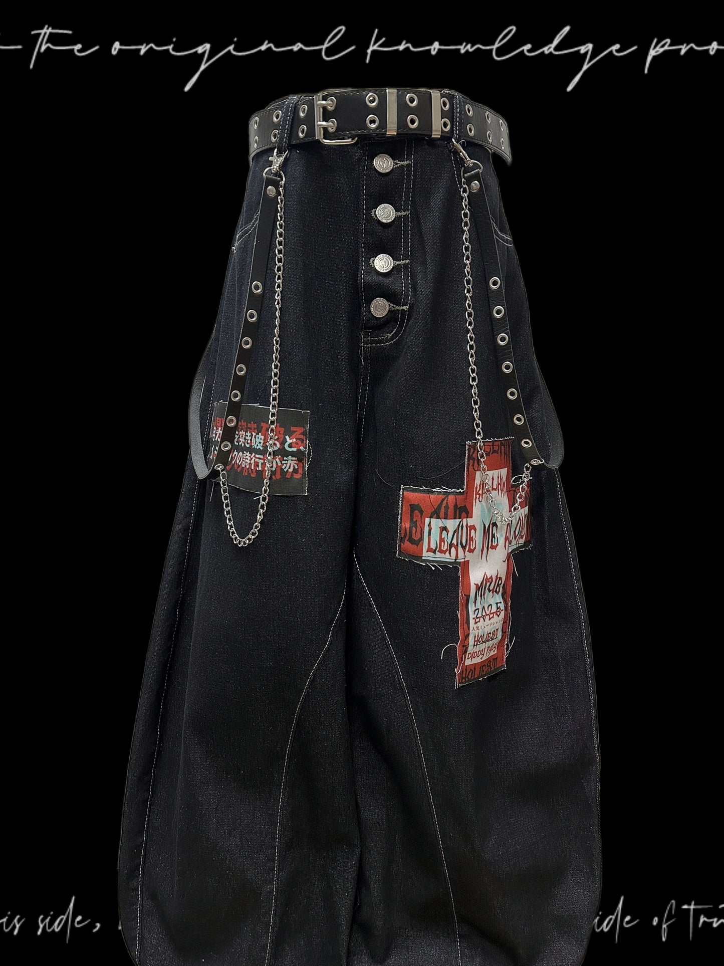 Graphic Patchwork Scimitar Wide Leg Denim Jeans & Belt & Chain & Scarf WN20132