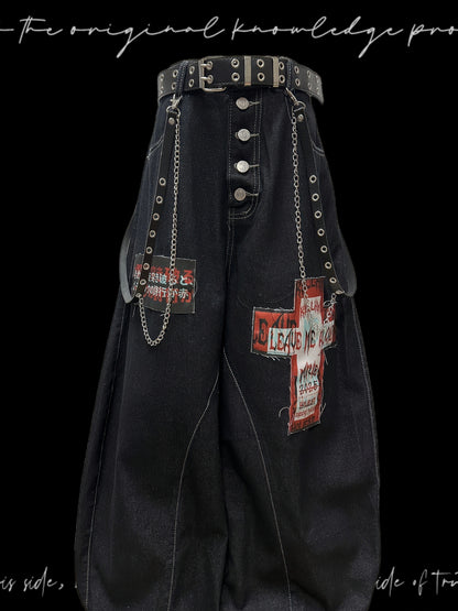 Graphic Patchwork Scimitar Wide Leg Denim Jeans & Belt & Chain & Scarf WN20132
