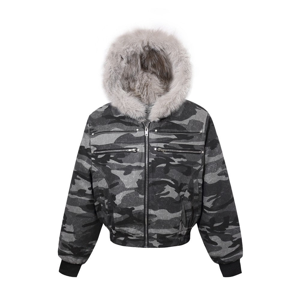 Camouflage Fake Fur Collar Multi-Zipper Short Puffer Jacket WN27891