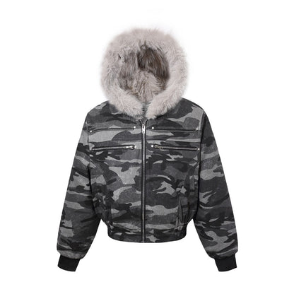 Camouflage Fake Fur Collar Multi-Zipper Short Puffer Jacket WN27891