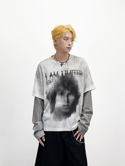 Fake Layered Portrait Print Damage Long Sleeve T-Shirt WN24281