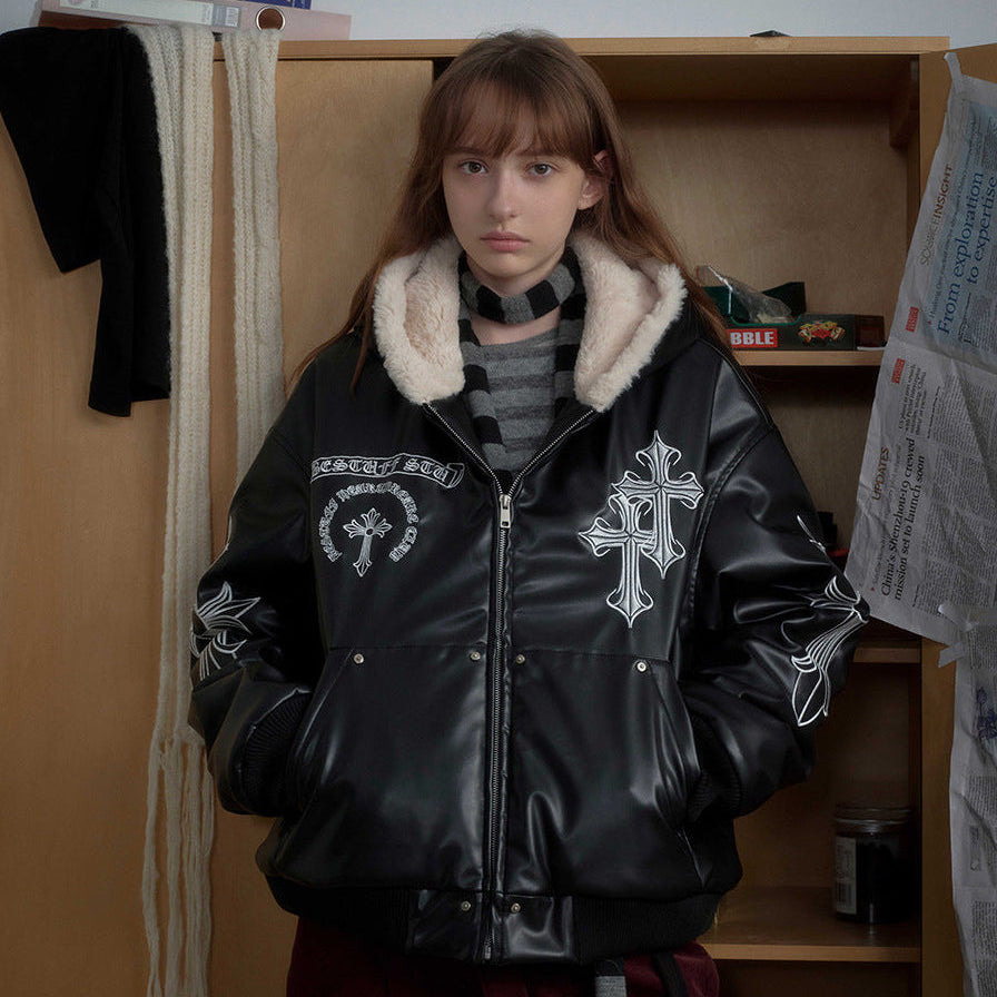 Cross Embroidery PU Leather Fleece Hooded Jacket WN21873