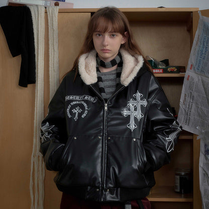 Cross Embroidery PU Leather Fleece Hooded Jacket WN21873